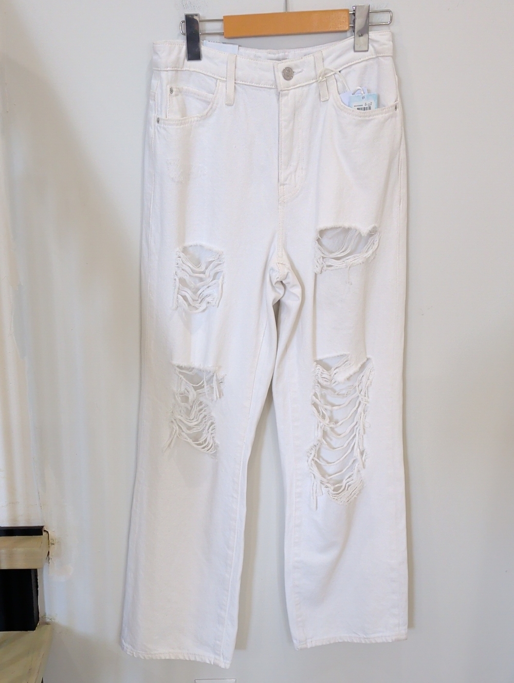 GUESS | Women's White 90's High-Rise Distressed Relaxed Wide Straight Leg Jeans